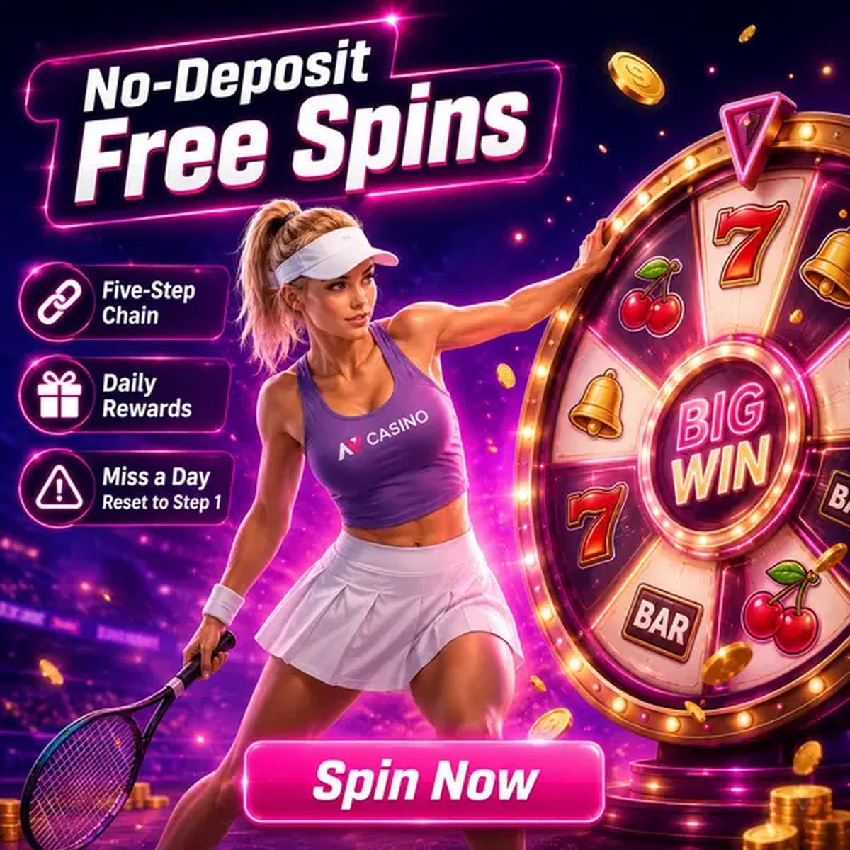 Atletische kampioen draait prijzenwiel voor no deposit bonus in de kleurrijke spelarena van NV Casino
