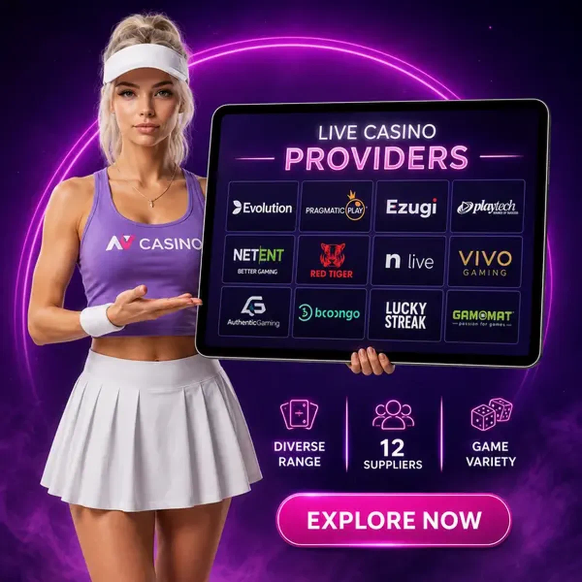 Personage presenteert diverse live casino providers op tablet bij NV Live Casino