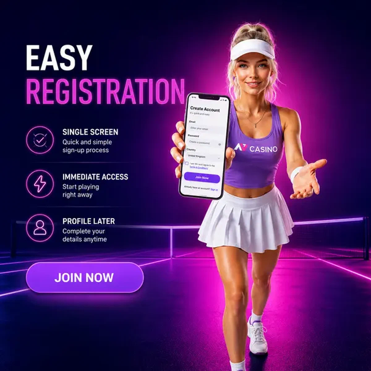 Speler maakt account aan bij NV Casino registratiebalie met smartphonescherm