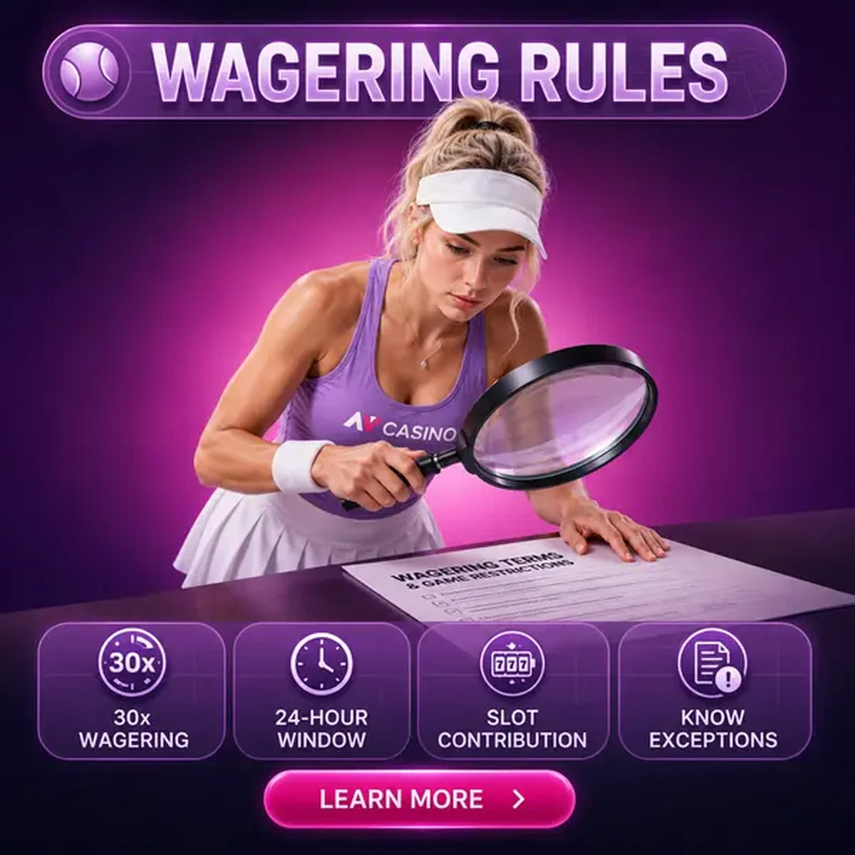 Atletische tenniskampioen onderzoekt inzetvereisten-document met vergrootglas bij Wagering Rules and Game Restrictions no deposit bonus-portaal
